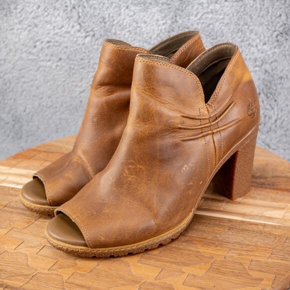 Timberland ‘Glancy’ Ruched Peep Toe Side Zip Booties Antiqued Brown Sz 8 M - Picture 3 of 6